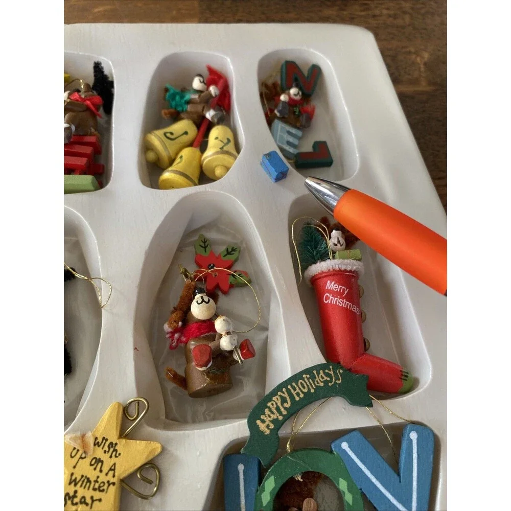 12 Vintage Painted Wooden MOOSE THEMED Christmas Ornaments Bottle Brush Animals